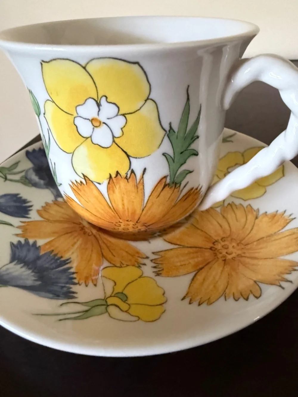 MCM Vintage SIGNED Ernestine Salerno Italy Yellow Orange Blue Tea Cup Saucer Set